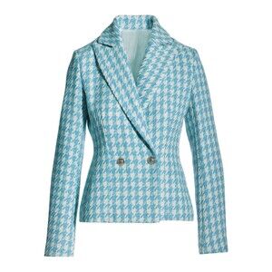 Boston Proper Houndstooth Tweed Blazer Women 18 Blue White Wool Jacket Old Money